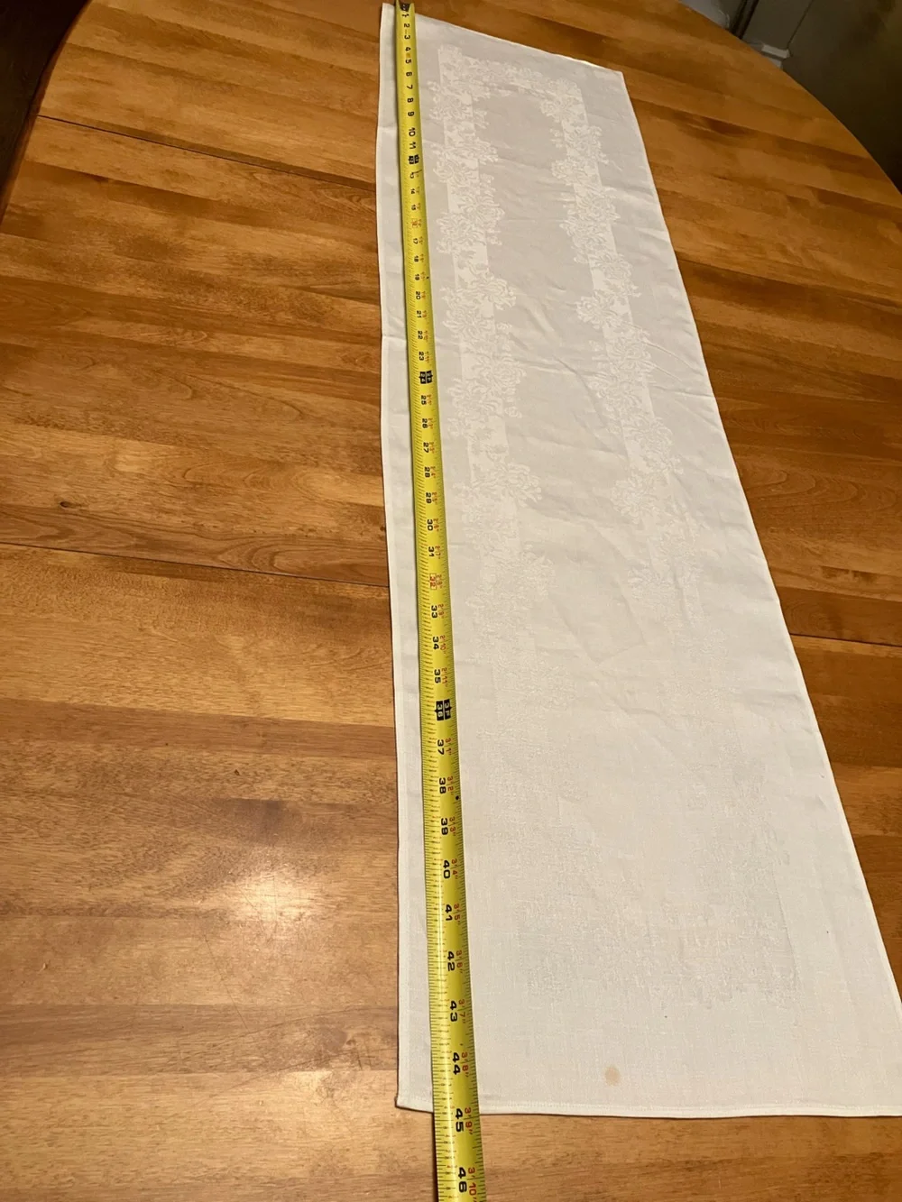 Vintage 100% Irish Linen Double Damask Table Runner White Floral, 45” x 12.25”